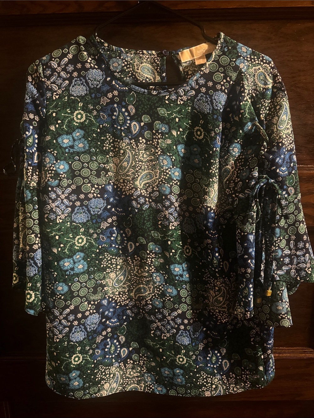 Michael Kors Blue & Green Paisley Tie-Sleeve Top, Size M